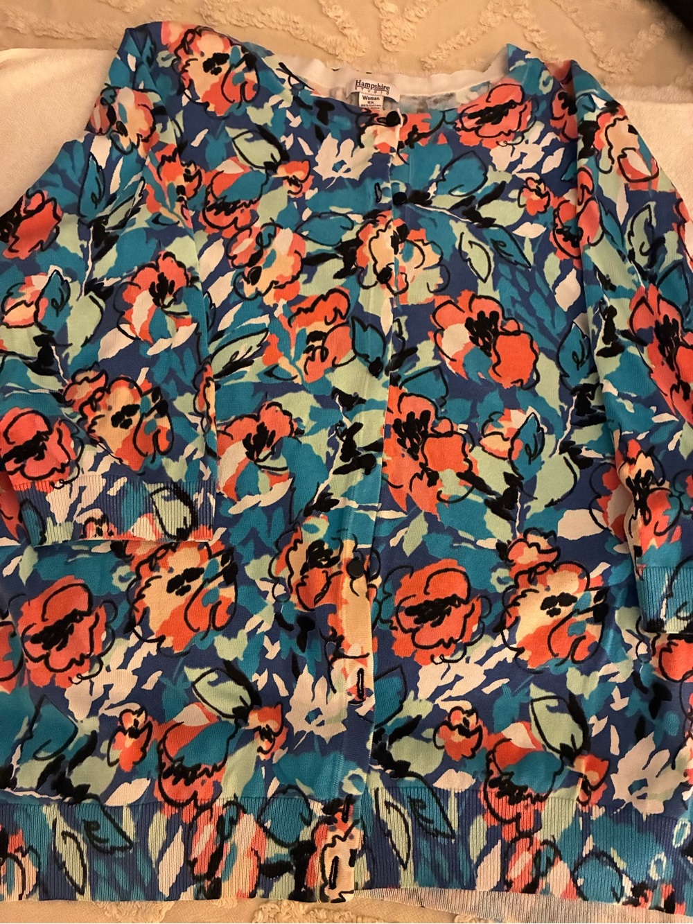 Humphrey’s Floral Button-Up Cardigan in Blue & Coral abstract botanical print